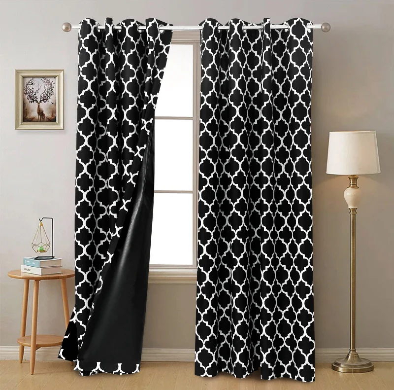 2 PCs Blackout Room Curtains-Black Geometric