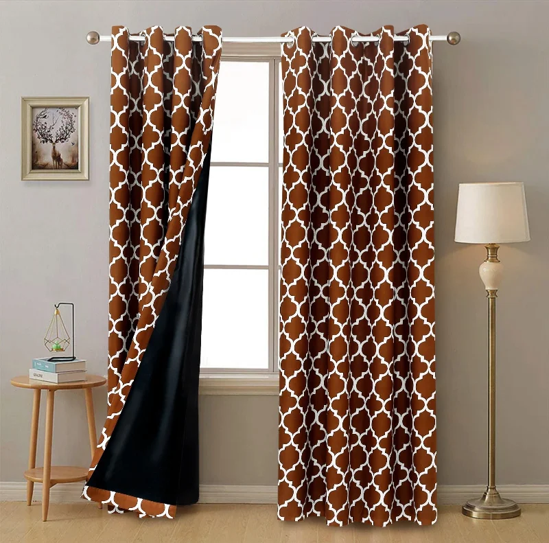 2 PCs Blackout Room Curtains-Brown Geometric