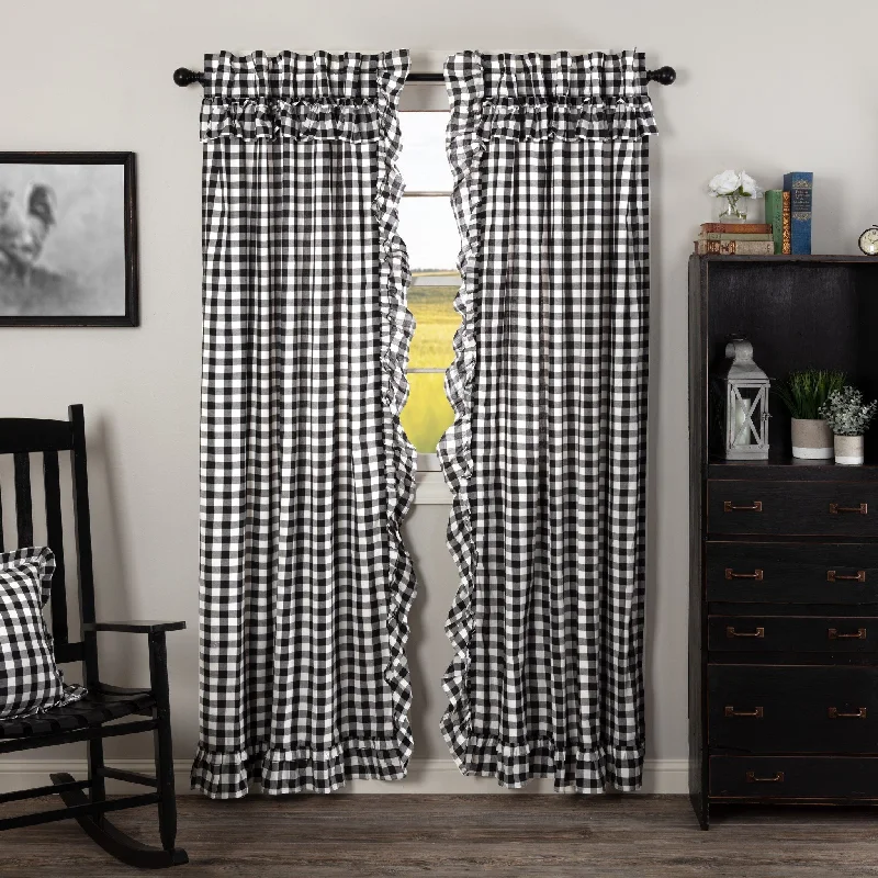 Annie Buffalo Check Black Ruffled Lined Panel Curtains 84"