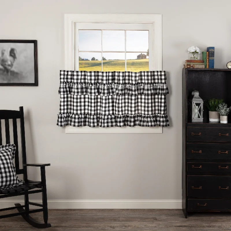 Annie Buffalo Check Black Ruffled Lined Tier Curtains 24"