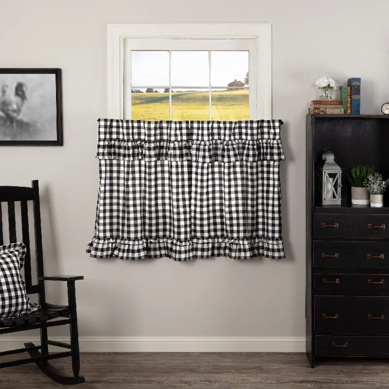 Annie Buffalo Check Black Ruffled Lined Tier Curtains 36"