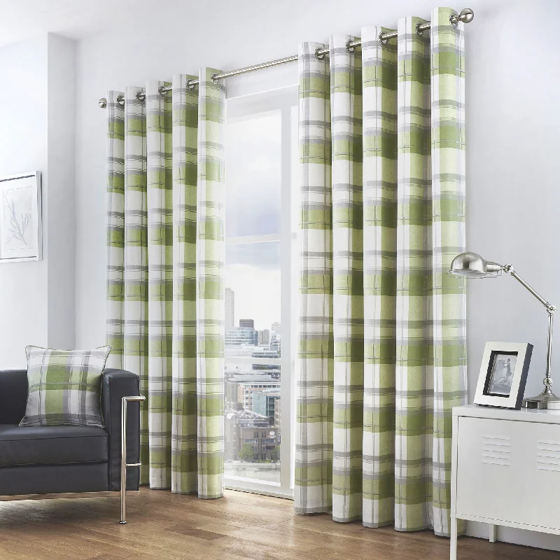 Balmoral Check Pair of Eyelet Curtains by Fusion in Green