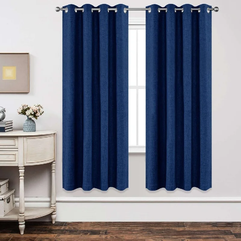 Blackout Linen Curtains Navy Blue Light-Blocking and Insulating Curtains