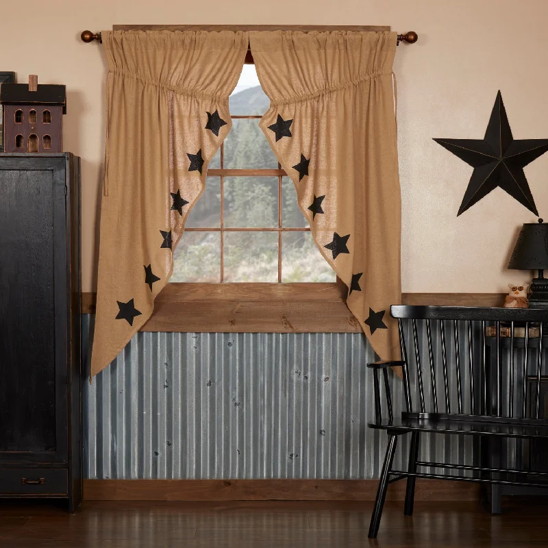 Burlap w/Black Stencil Stars Prairie Short Panel Set of 2 63x36x18