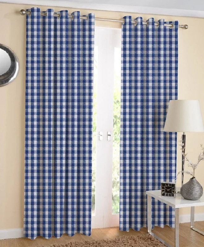 Cotton Gingham Check Blue 7ft Door Curtains Pack Of 2