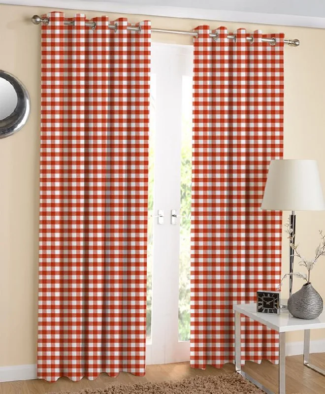 Cotton Gingham Check Orange 7ft Door Curtains Pack Of 2