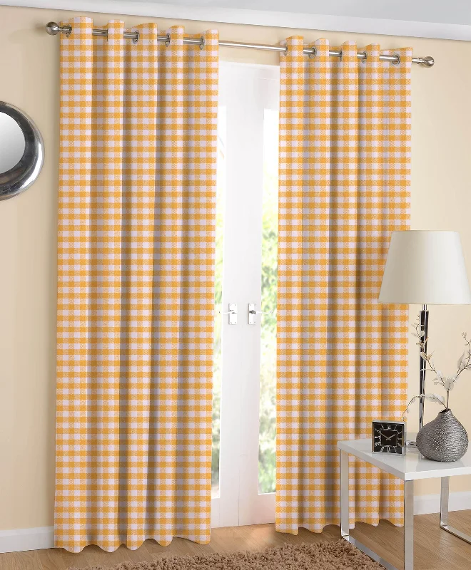 Cotton Gingham Check Yellow Long 9ft Door Curtains Pack Of 2