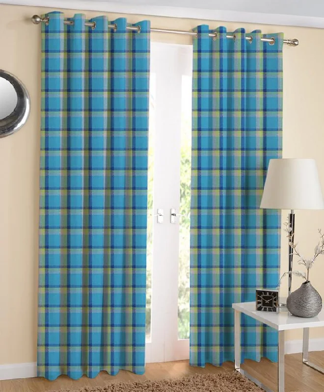 Cotton Iran Check Blue 7ft Door Curtains Pack Of 2