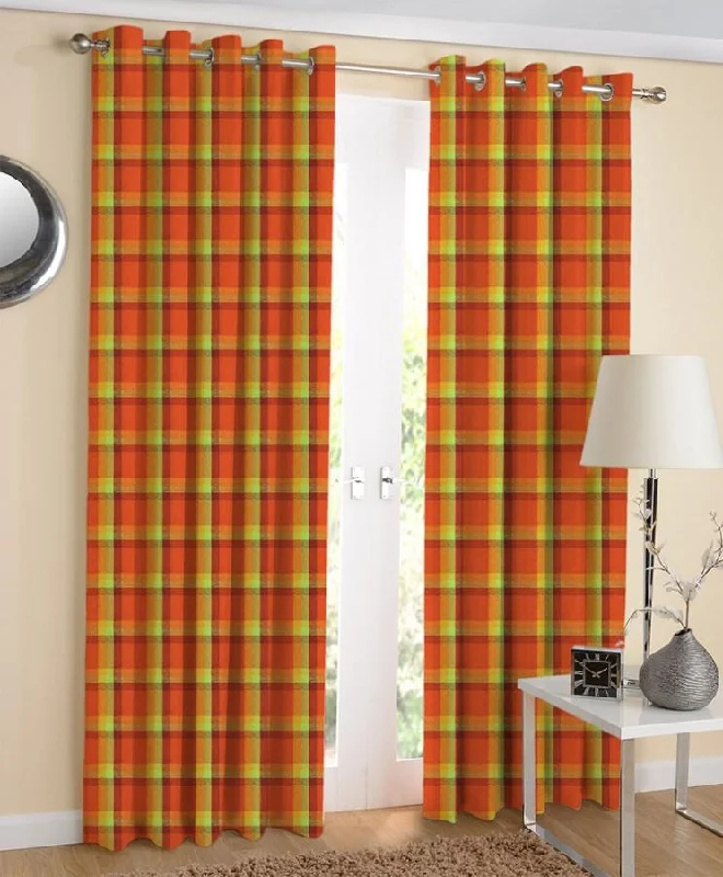 Cotton Iran Check Orange 7ft Door Curtains Pack Of 2