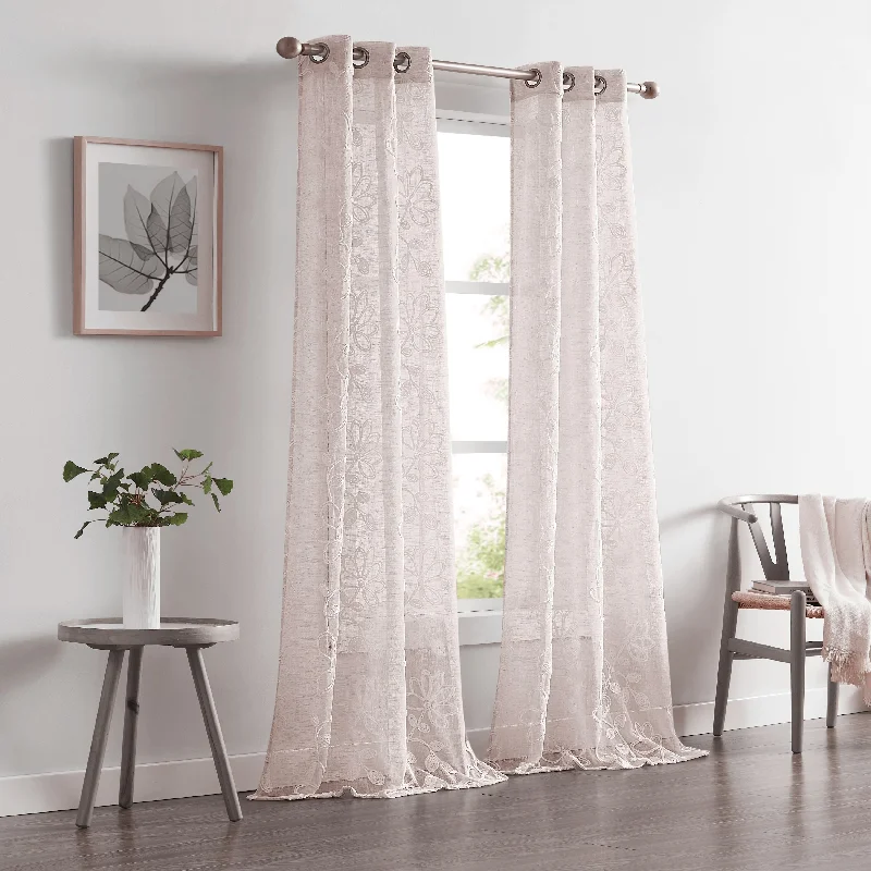 Dainty Home Rita Linen Look Boho Solid Fabric With 3D Floral Chenille Embroidery Light Filtering Grommet Panel Pair