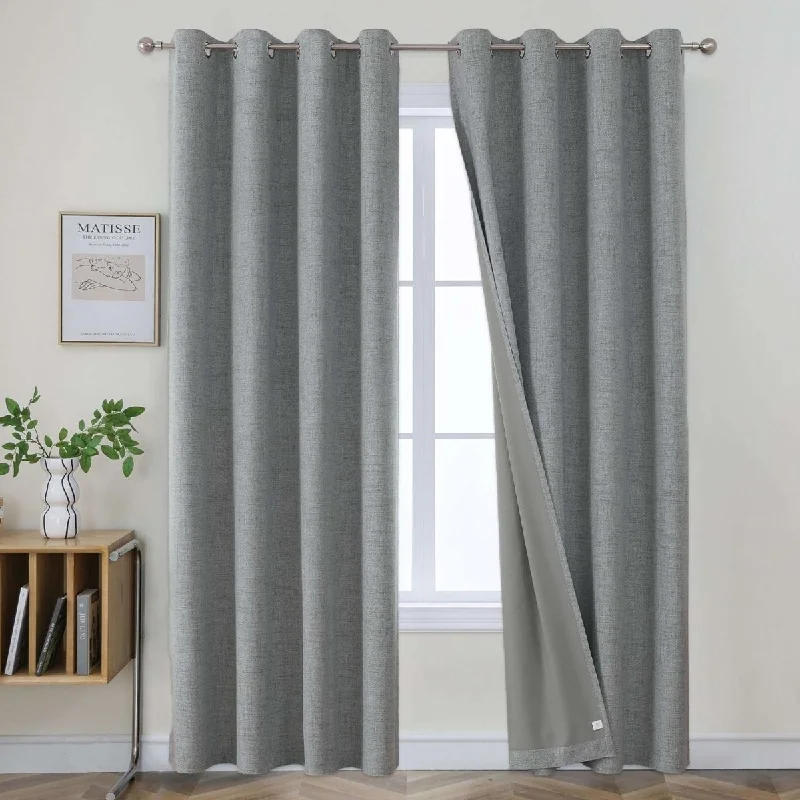 Joydeco 100% Blackout Curtains Light Grey Long 2 Panels Set Linen 96 Inch Blackout Curtains 2 Panels Room Darkening Textured Curtains