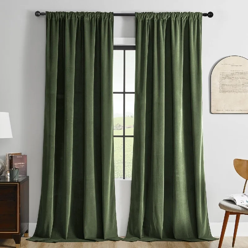 Joydeco Luxury Olive Green Velvet Blackout Curtains - 2 Panels , Thermal Insulated, Rod Pocket, Super Soft