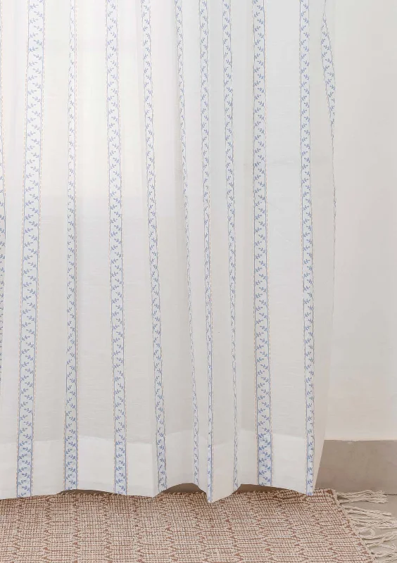 Oriental Stripes 100% Cotton Sheer Geometric curtain for Living room & bedroom - Light filtering - Powder Blue - Pack of 1