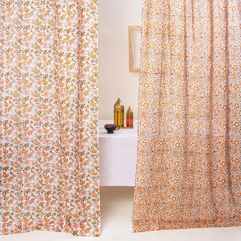 Premium Orange Floral Block Print Curtains Decor For Home, Window, Living Room