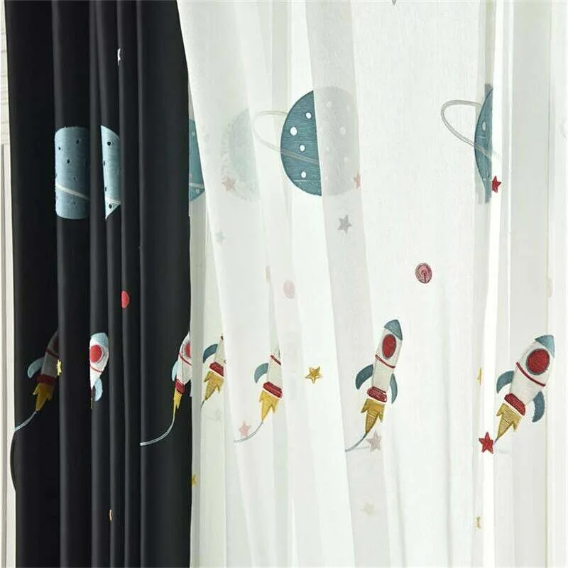 Rémy Cartoon Spaceship Blackout Curtains for Kids - Black