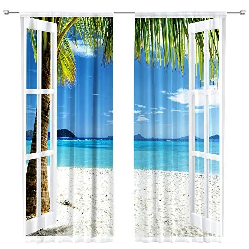 Riyidecor Ocean Beach Curtains Tropical Hawaiian Sea Turquoise Rod Rocket Island Seaside Landscape Palm Trees Windows Printed Living Room Bedroom Window Drapes Treatment Fabric 2 Panels 52 x 84 Inch