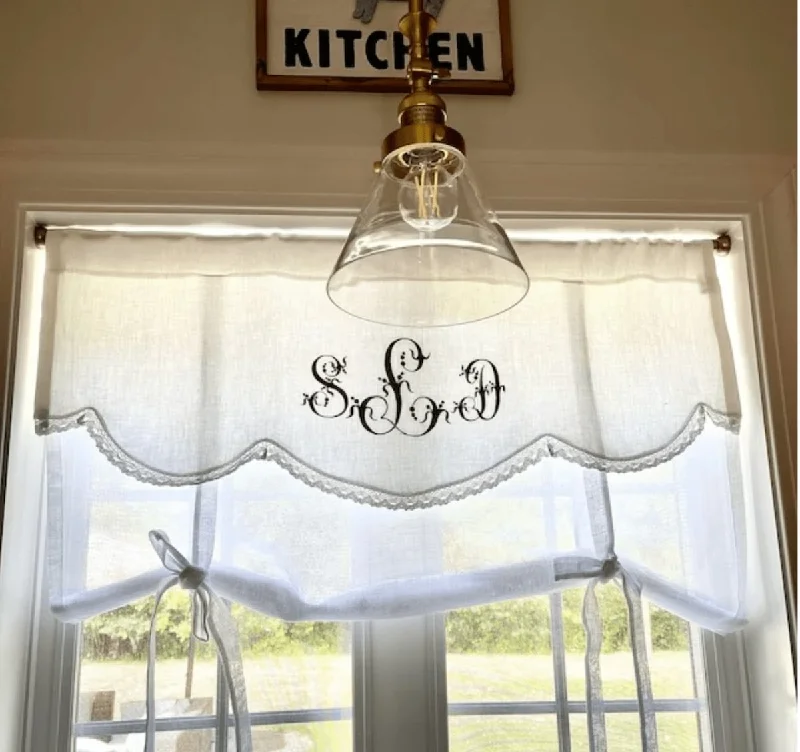 White Linen French Monogram Tie Up Valance Curtain