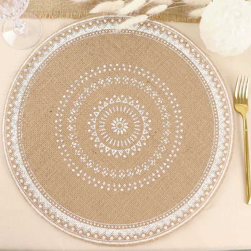 4 Pack Natural Jute and White Braided Placemats, Rustic Round Woven Burlap Table Mats 15"