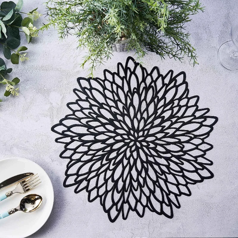 6 Pack Black Decorative Floral Vinyl Placemats, Non-Slip Round Dining Table Mats 15"