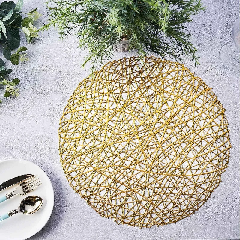 6 Pack Gold Metallic Woven Vinyl Placemats, Non-Slip Round Table Mats 15"