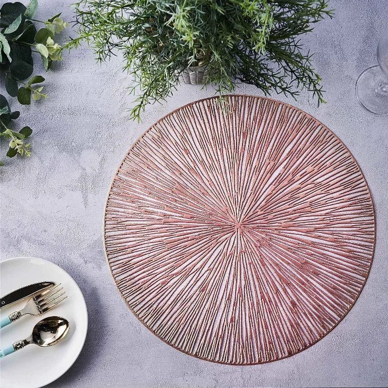 6 Pack Rose Gold Metallic Non-Slip Placemats, Spiked Design Round Vinyl Table Mats 15"