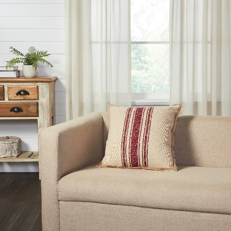 Vintage Burlap Stripe Red Pillow 18x18