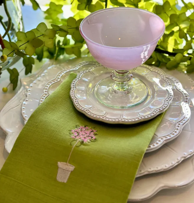 Pink Topiary Tri-Fold Napkin in Citron