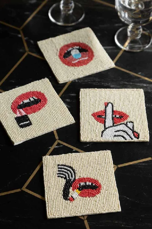 Set Of 4 Beaded Red Lips Coasters