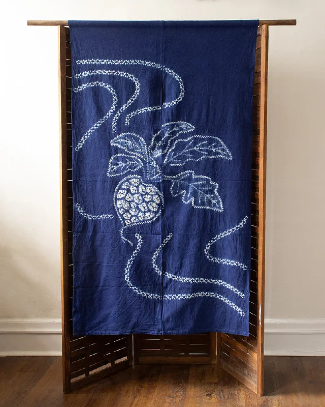 Vintage Noren, Indigo Shibori, Leaves