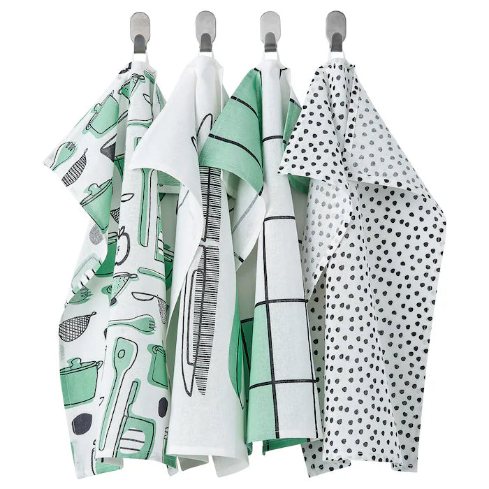 RINNIG Tea towel, white/green/patterned, 45x60 cm